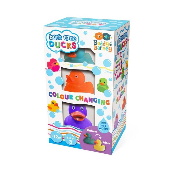 3pc Buddy & Barney Colour Changing Bath Time Rubber Ducks Kids/Childrens Set 1+