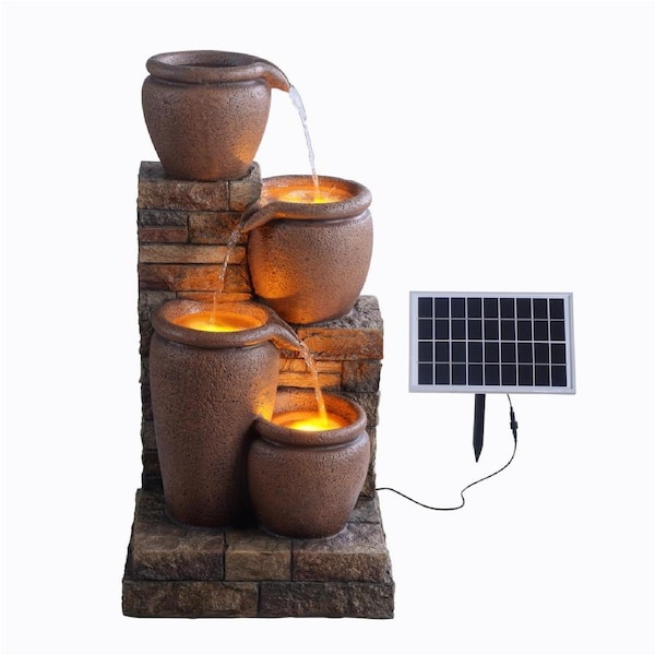 Teamson Home Solar Powered Outdoor 4 Tier Cascading Bowl Stone Fountain 30.7in, Brown