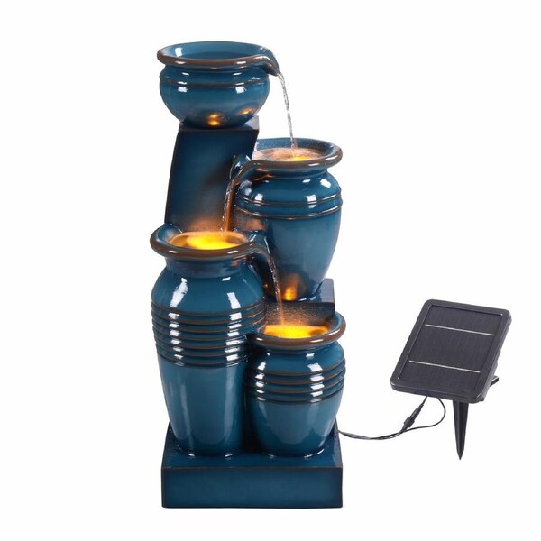 Teamson Home Solar Powered Outdoor 4 Tier Cascading Bowl Fountain 28.7in, Blue