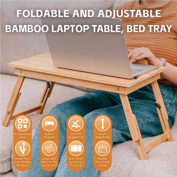 Foldable and Adjustable Bamboo Laptop Table, Bed Tray