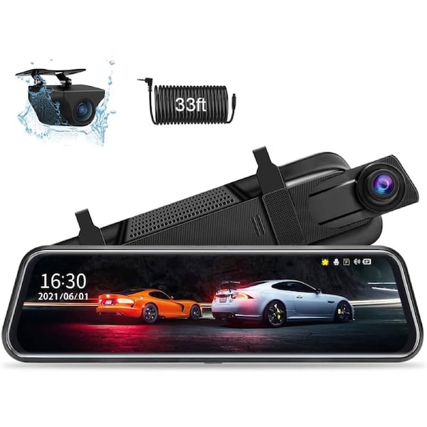 10'' Full HD Touch Screen Rear View Mirror Dash Cam - Front and Rear Camera with Loop Recording, G-Sensor, Parking Monitor, 170o Wide Angle
