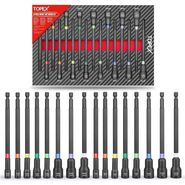 TOPEX 16Pcs Magnetic Impact Nut Driver Set Impact Grade Socket Extension Power Drill Bit Extensions Hex Shank Adapter Drill Nut Driver Tool Accessory