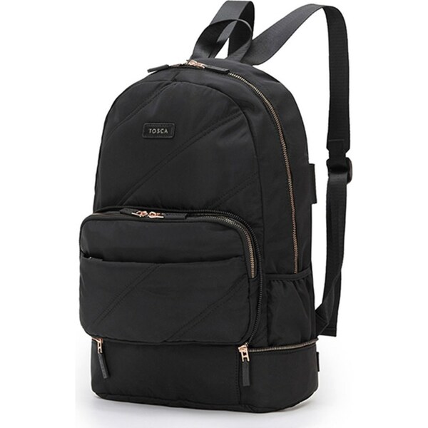 Tosca Ladies Zip/Fold Away Weekend Travel Backpack/Shoulder Black Stitch