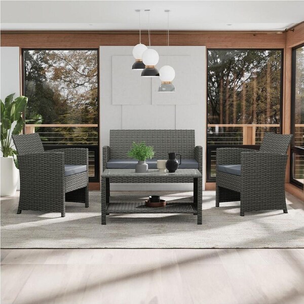 ALFORDSON Outdoor Furniture 4PCS Patio Chairs Table Set Wicker Grey w/ Pillows