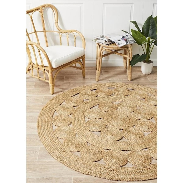 Rug Culture Natural Hand Braided Jute Coastal Flatwoven Round Rug (200 x 200cm)