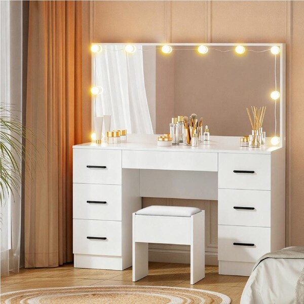 10 Led Bulbs Artiss Dressing Table Set Stool White