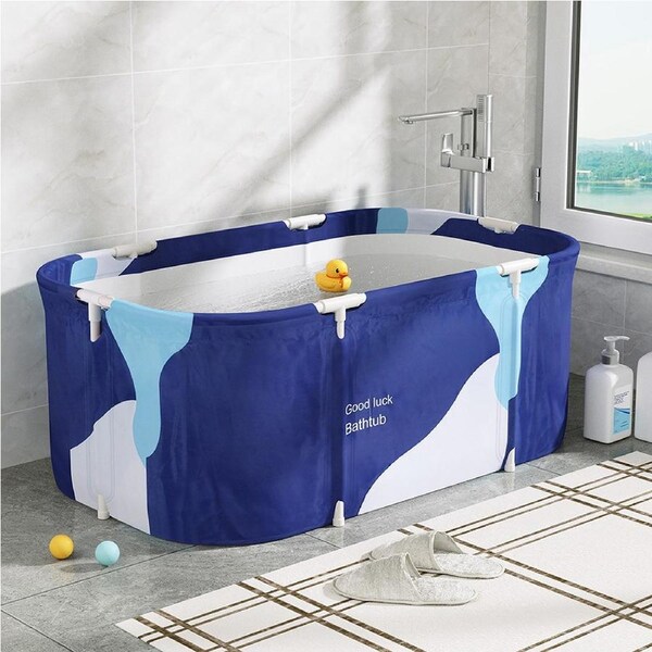 114x62cm Weisshorn Foldable Bathtub PVC Spa Bucket Inflatable Cushion Navy Blue