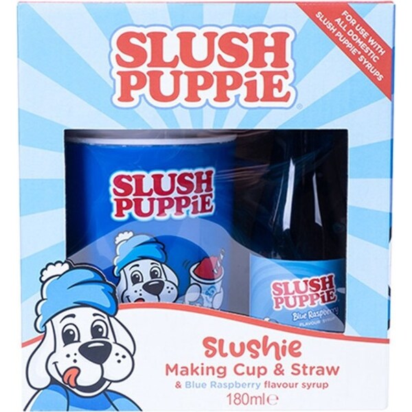 Slush Puppie Making Cup and Blue Raspberry Syrup Frozen Cold Drink Set w/Straw