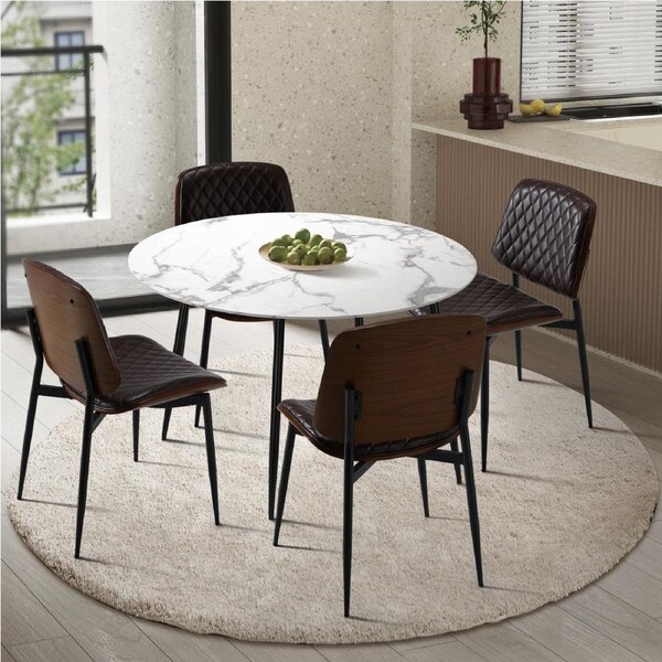 Oikiture 5PCS Dining sets 110cm Round Table with 4PCS Chairs PU Walnut