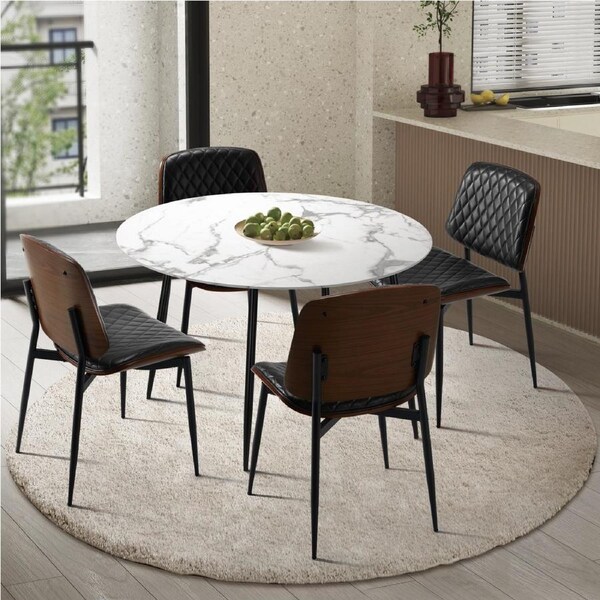 Oikiture 5PCS Dining sets 110cm Round Table with 4PCS Chairs PU Black