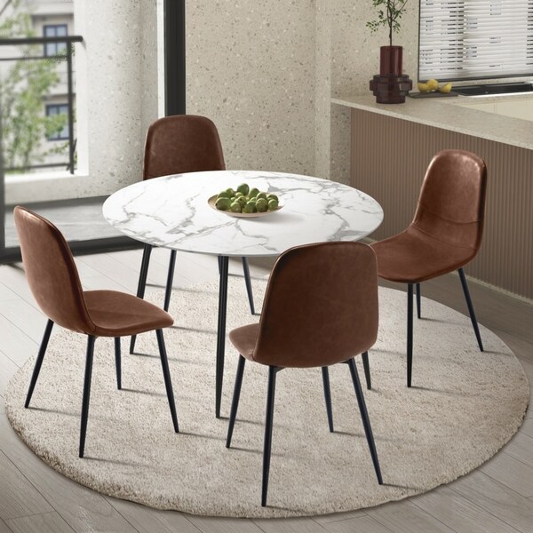 Oikiture 5PCS Dining sets 110cm Round Table with 4PCS Chairs PU Brown