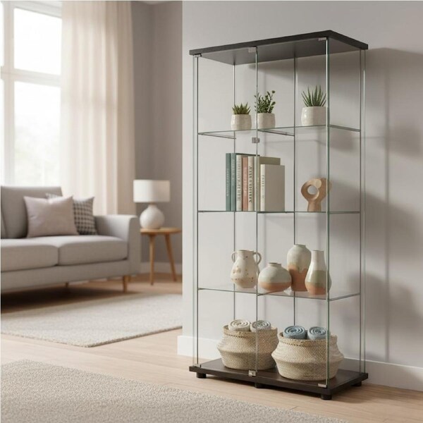 Stacked 164cm Glass Display Cabinet Collections Storage 4 Tier Shelves 2 Doors