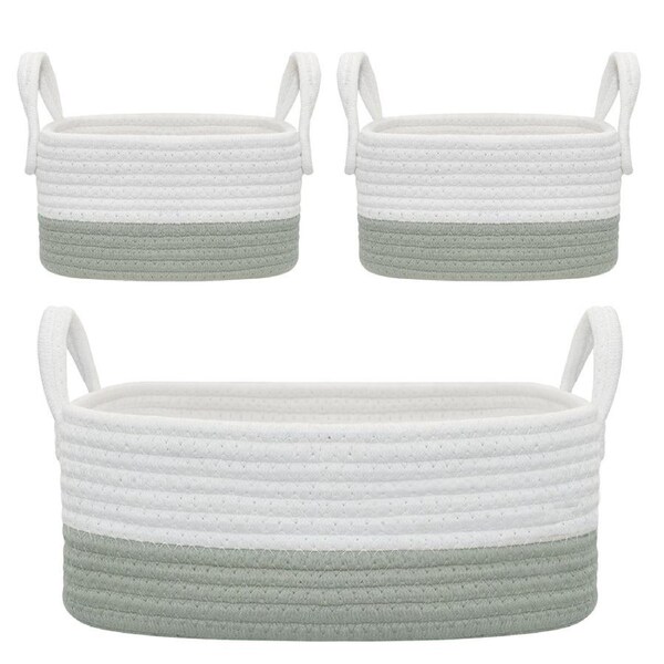 3pc Living Textiles Cotton Rope 35/20cm Nursery Storage Basket Set White/Sage