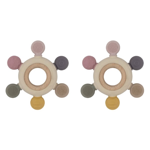 2x Playground Multi-Surface Baby 11cm Silicone/Beechwood Teething Wheel 3m+ Rose