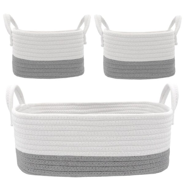 3pc Living Textiles Cotton Rope 35/20cm Nursery Storage Basket Set White/Grey