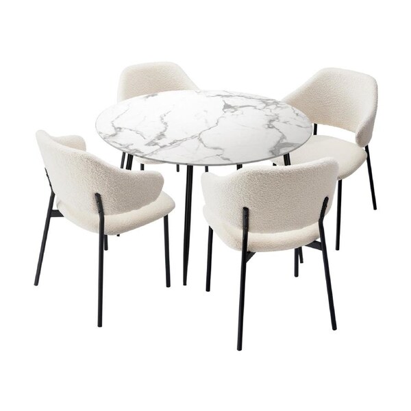 Oikiture 110cm Round Dining Table with 4PCS Dining Chairs Accent Sherpa White