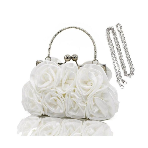 Nevenka Roses Clutch Purse Satin Money Clip Evening Handbag-White