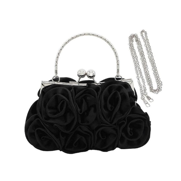 Nevenka Roses Clutch Purse Satin Money Clip Evening Handbag-Black