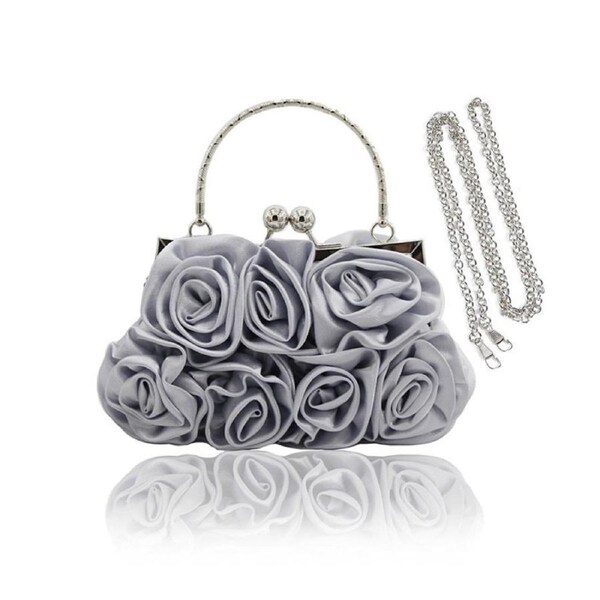 Nevenka Roses Clutch Purse Satin Money Clip Evening Handbag-Silver