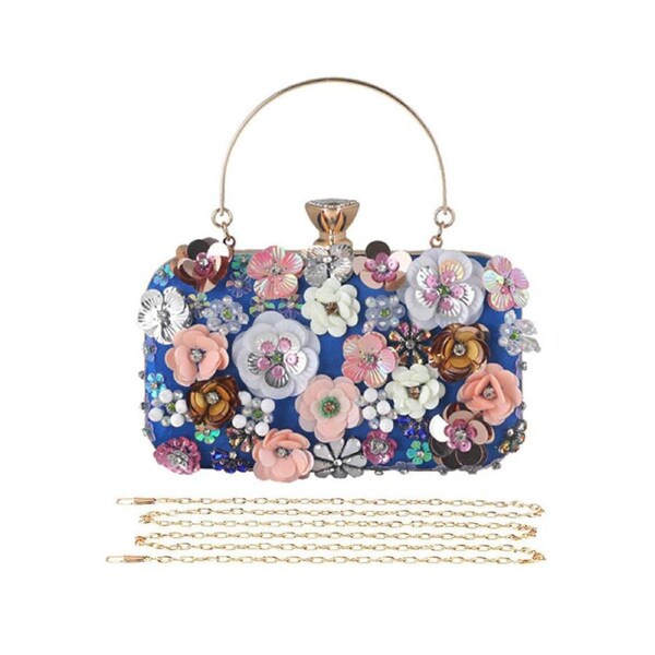 Nevenka Colorful Floral Clutch Evening Bags for Women Beaded Purse Prom Handbag-Blue