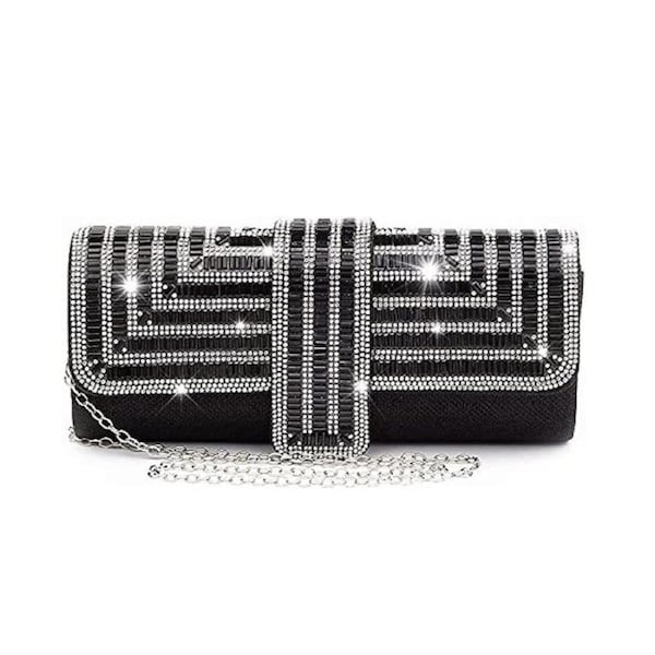 Nevenka Womens Rhinestone Clutch Purses Evening Bags Sparkling Gliter with Chain-Black