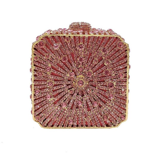 Nevenka Women Mini Crystal Box Clutch Evening Bags for Wedding Party with Chain-Pink
