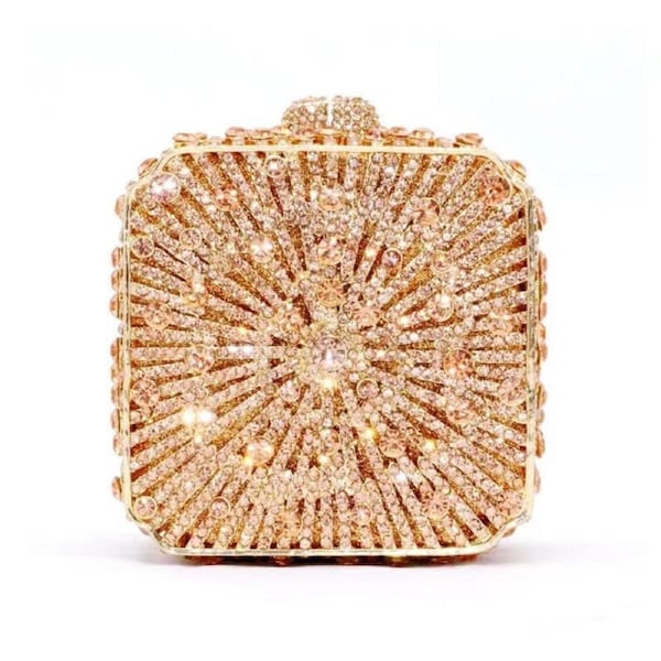 Nevenka Women Mini Crystal Box Clutch Evening Bags for Wedding Party with Chain-Champagne