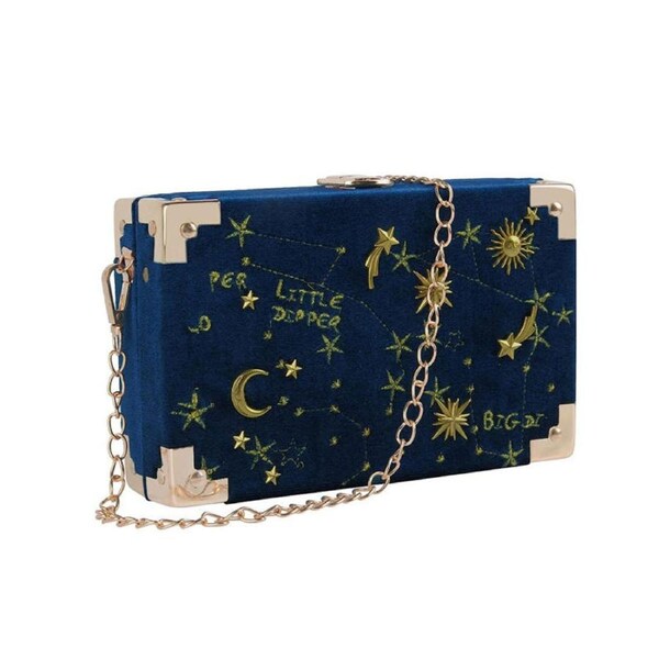 Nevenka Women Velvet Box Shape Evening Handbag Party Embroidery Star Moon Clutch Bag-Blue