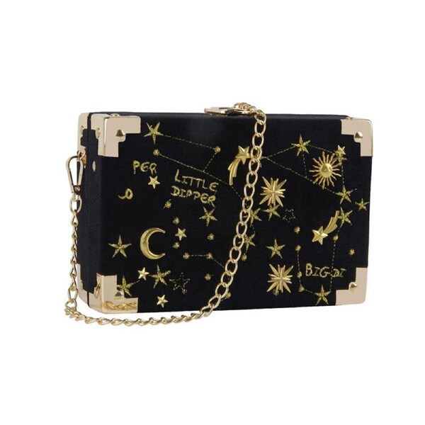 Nevenka Women Velvet Box Shape Evening Handbag Party Embroidery Star Moon Clutch Bag-Black