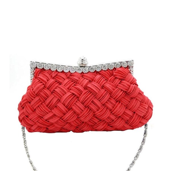 Nevenka Elegant Braided Pleated Shimmering Rhinestone Clutch Evening Bag-Red