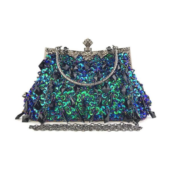 Nevenka Womens Evening Clutch Bag Formal Dressing Sequined for Wedding Prom-PeacockGreen