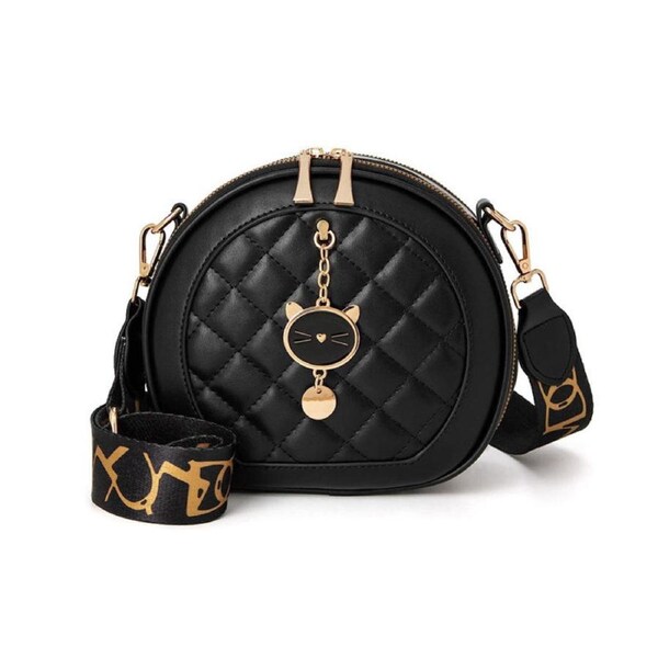 Nevenka Crossbody Bags for Women Cute Quilted Faux Leather Round Purse-Black