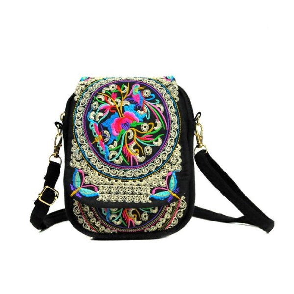 Nevenka Flowers Embroidery Canvas Crossbody Bag Women Shoulder Bag Cellphone Pouch Purse-JinQianHua