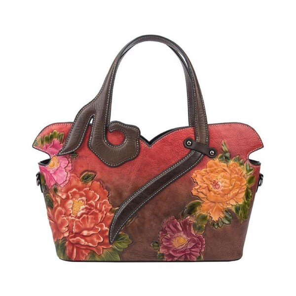Nevenka Ladies Genuine Leather Handbags Satchel Flower Tote Bags-Red