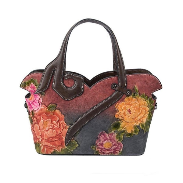 Nevenka Ladies Genuine Leather Handbags Satchel Flower Tote Bags-Purple