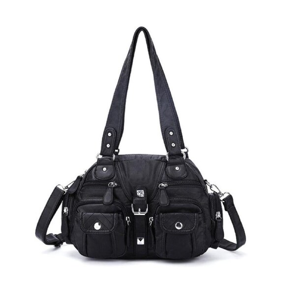 Nevenka Womens Shoulder Bag Handle Satchel Hobo Fashion Washed Leather Purse-Black