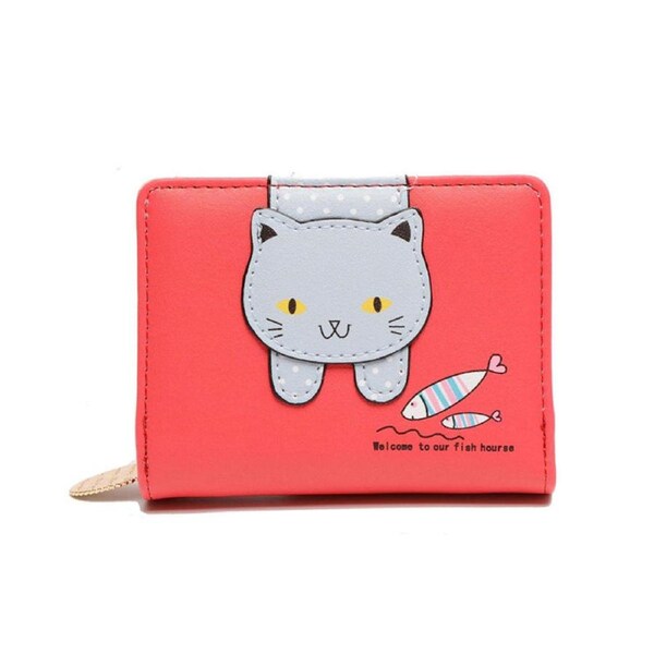 Nevenka Ladies Small Wallet Cute Cat Pattern Coin Purse Card Organizer-Red