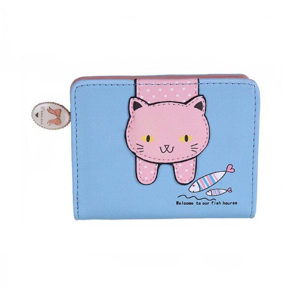 Nevenka Ladies Small Wallet Cute Cat Pattern Coin Purse Card Organizer-Blue
