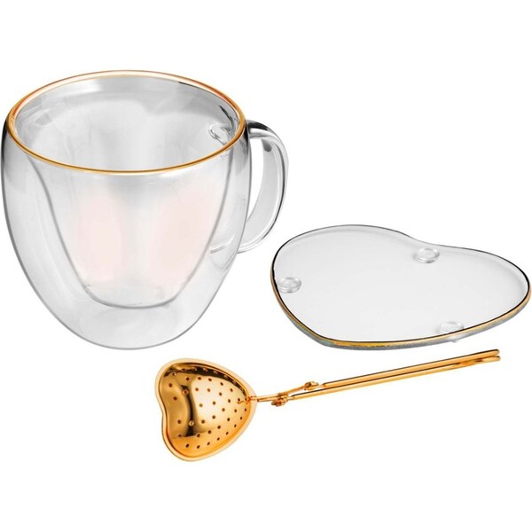 3pc Tempa Amour Gold Rim Heart Tea Set 305ml Drinking Cup/Infuser/Saucer Clear