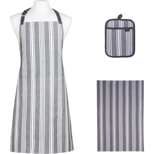 3pc Ladelle Eco Stripe Apron/Potholder/Towel Kitchen Accessory Set Slate Grey