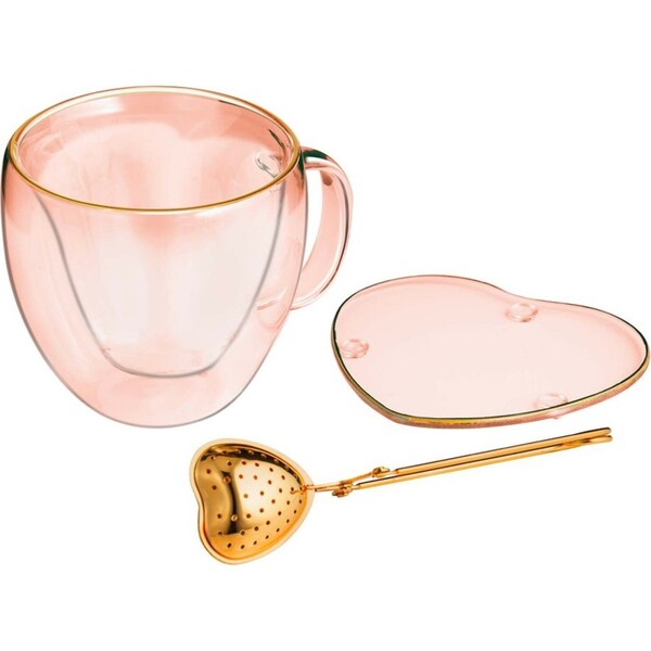 3pc Tempa Amour Gold Rim Heart Tea Set 305ml Drinking Cup/Infuser/Saucer Pink