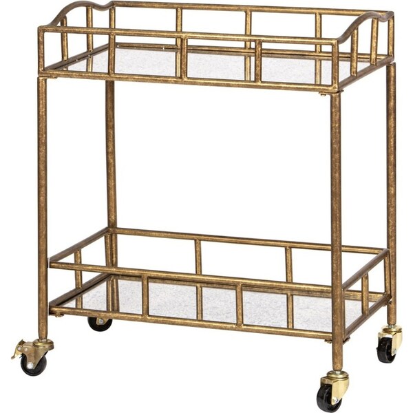 Tempa Bradley 71cm Antique Iron/Glass Bar Cart Storage Serving Trolley Rack Gold