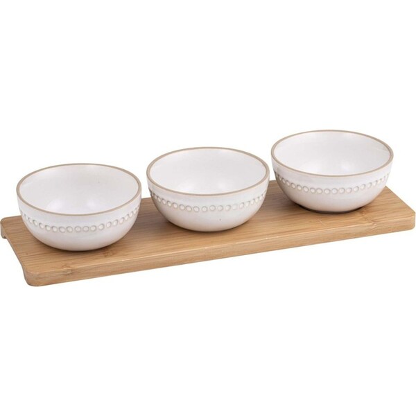 4pc Ladelle Cameo Stoneware/Bamboo Bowl & Tray Set Food Snack/Dip Server Ivory