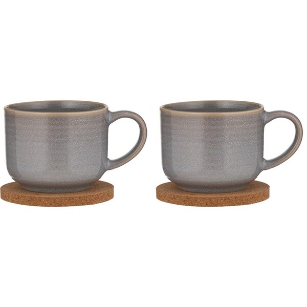 2x 2pc Ladelle Melange Stoneware/Cork 500ml Drink Mug & Coaster Set Light Grey