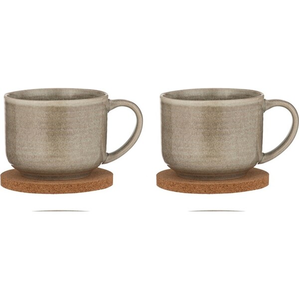2x 2pc Ladelle Melange Stoneware/Cork 500ml Coffee Drink Mug & Coaster Set Latte