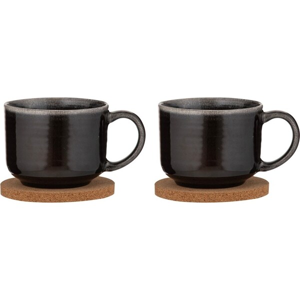2x 2pc Ladelle Melange Stoneware/Cork 500ml Coffee Drink Mug & Coaster Charcoal