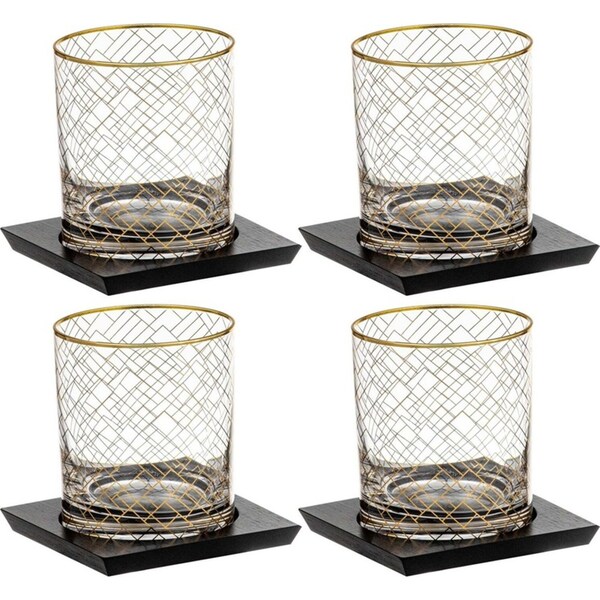 4x Tempa Winston 305ml Crystal Whisky Glass/Bamboo Coaster Drinkware Set Gold