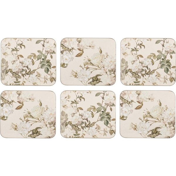 6PK Ashdene Elegant Rose 11cm Hardboard/Cork Coaster Square Mat Tableware Cream