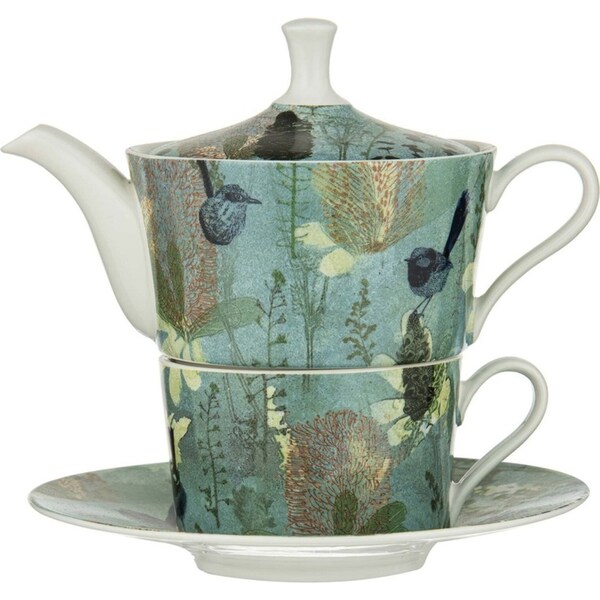 Ashdene New Bone China Enchanting Banksia Tea For One Pot/Cup Saucer Set Green