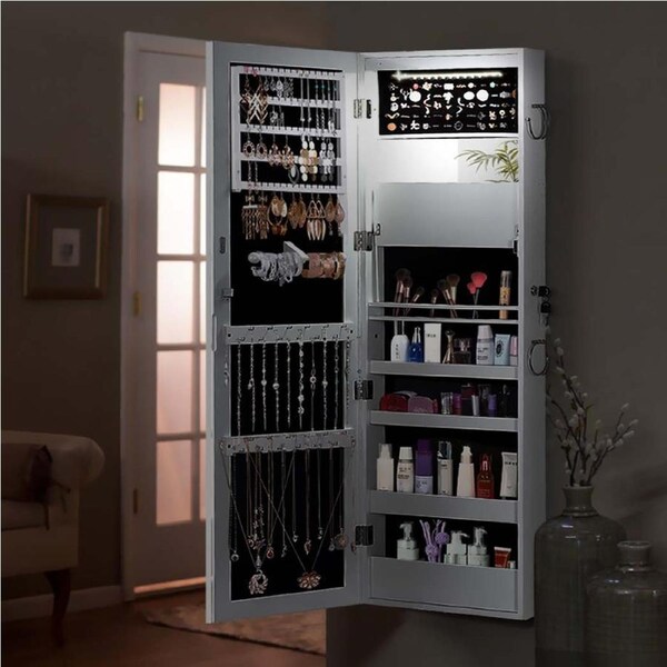 Levede Mirror Jewellery Cabinet Jewelry Box Wall Mounted Hang Over LED White